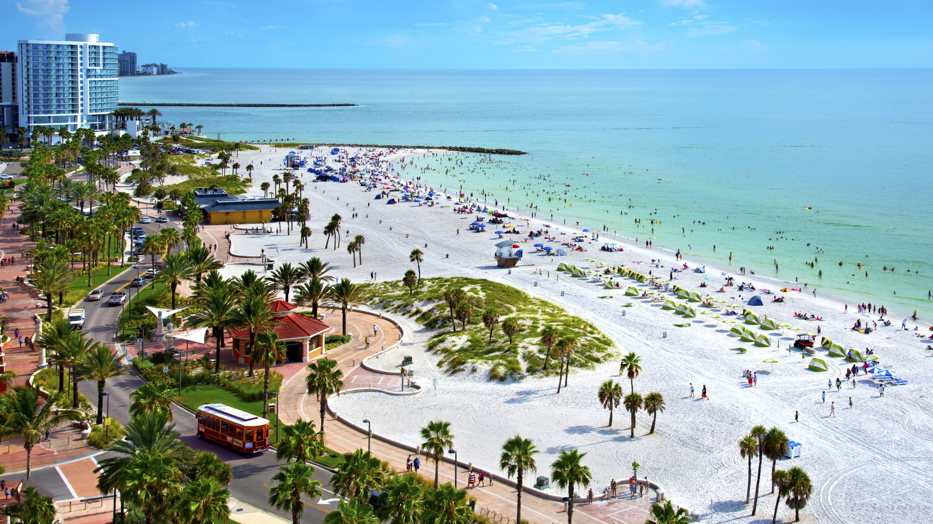 Aerial view of Clearwater Beach with Pier 60 in frame